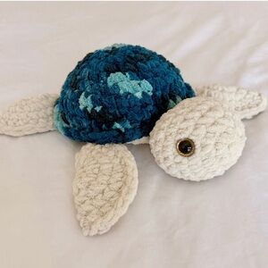 Handmade Plush Turtle Toy in Teal Blue and Cream Crochet Amigarumi